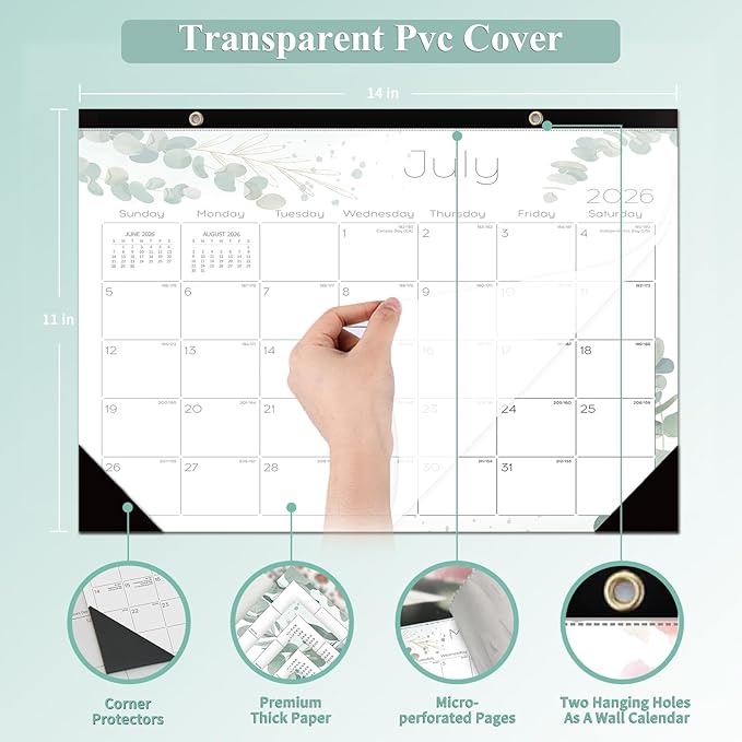 Ymumuda Desk Calendar 2026-2027 Wall Calendar 2 in 1, Monthly Desk Calendar 2026 from JAN.2026 to JUN.2027, 18-Month, Large 12"×17", Waterproof Cover, Hanging Rope, Home/office/School Planners