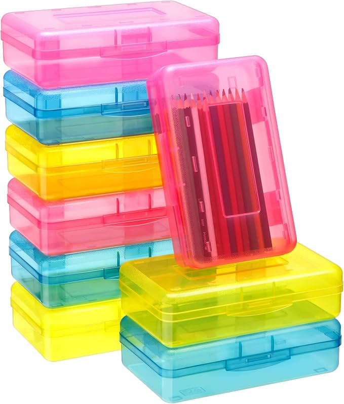 Leelosp 12 Pack Clear Pencil Boxes for School Bulk, Large Plastic Pencil Case with Lid, Stackable Hard Crayon Storage Box for Classroom Kids, Desk Drawer Organizer for Office Home(Pink Yellow Blue)