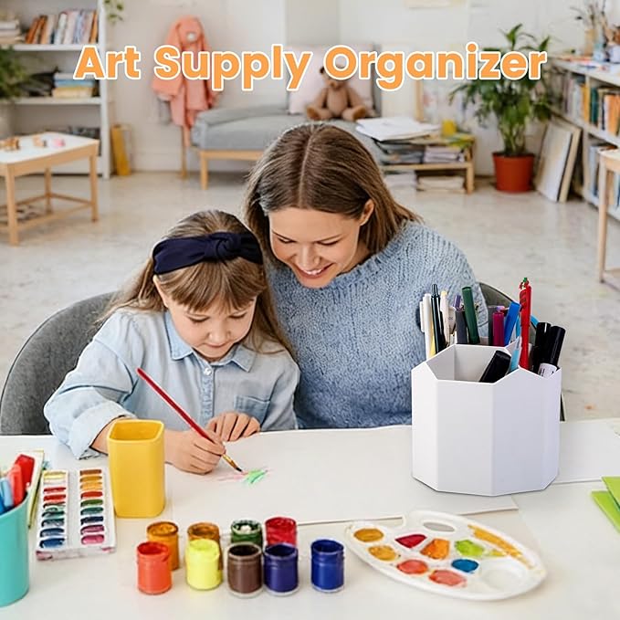 Pencil Pen Holder, 360° Rotating Pen Holder, Desk Organizer with 5 Slots, Desktop Stationery Storage for Office, School & Home, Art Supplies Desktop Decor, White