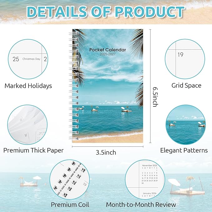 KONVINIT Pocket Calendar 2025-2027, Beach 2026 Pocket Calendar -3.5” × 6.5” - Runs from July 2025 until December 2027, 2026 Monthly Planner with Coil Cover for Organizing