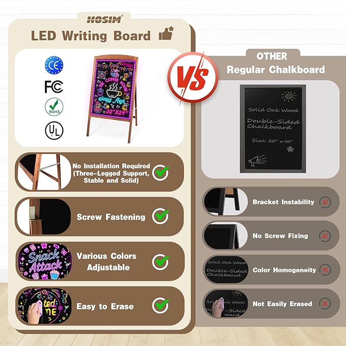 Hosim LED Message Writing Board 28"x20", Standing A-Frame Wooden LED Message Sign Board Illuminated Erasable Neon Restaurant Menu Sign, 8 Colors Markers & 16 Lighting Colors Flashing DIY Chalkboard