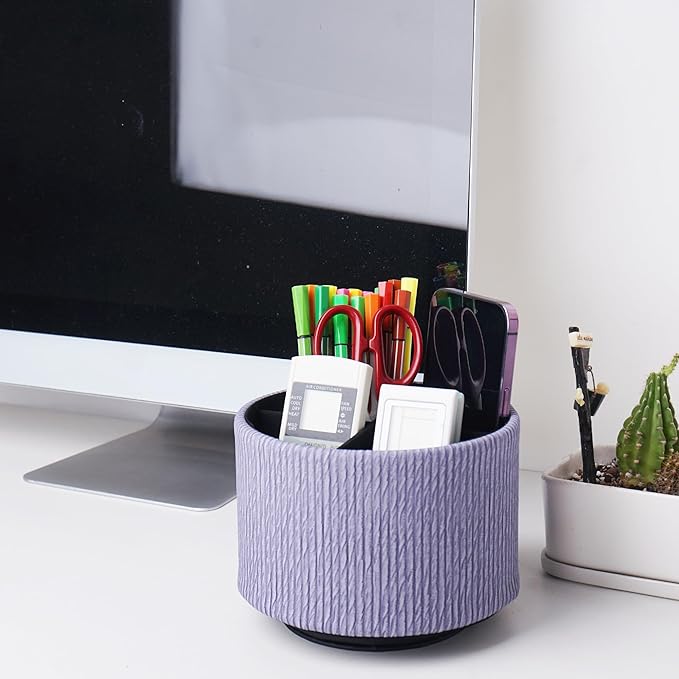 Round Leather Art Supply Organizer,Remote Control Holder,360 Degree Spinning,Multi-Functional Pencil Holder,4 Compartments Desktop Stationary Organizer(1-Wood Blue Purple)