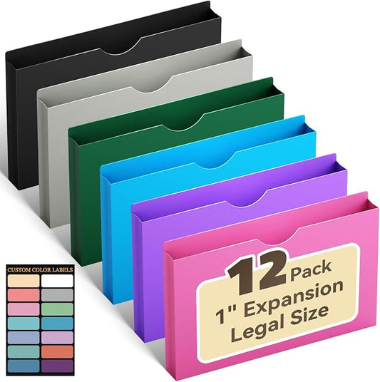 ANSOOK Manila File Jackets & File Pockets Legal Size,Heavy Duty 1" Expansion Manila File Folder,12 Pack Plastic Job Folder for File Cabniet,Expanding File Jacket Folders with Straight Cut Tab