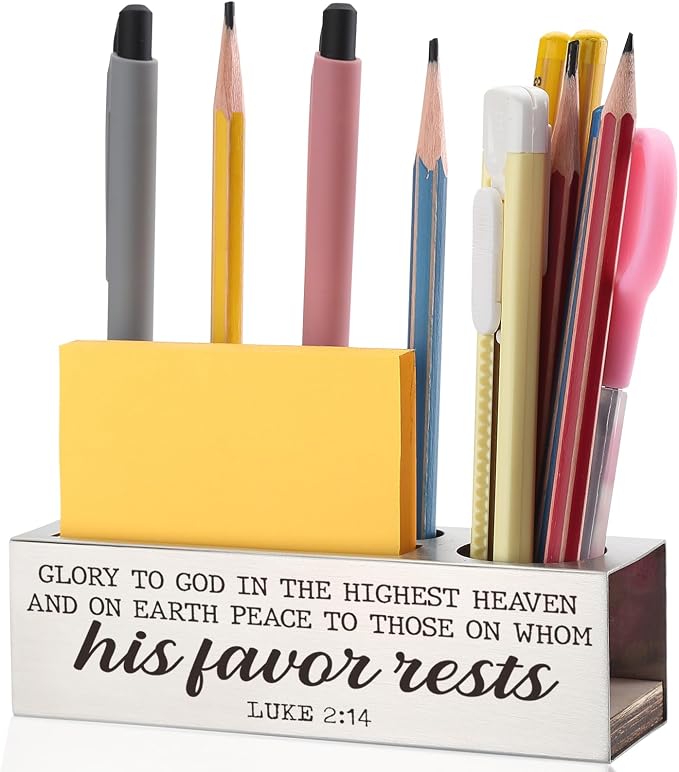 Luke 2:14 Bible Verse Pen and Pencil Holder, Glory to God Scripture Desk Accessory, Christian Spiritual Gifts Thank You Appreciation Religious Office Decor Stainless Steel Pencil Holder EDP31