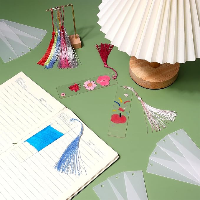 30 Pcs Acrylic Bookmark Blanks Bulk Clear Book Marks Kit with 30 Pcs Colorful Tassels Transparent Reading Book Page Mark Tags Set DIY Crafts Arts Projects Rectangle