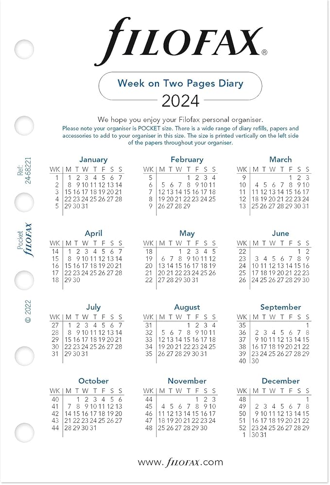 Filofax Calendar Diary Refill, Pocket Size, Week-to-View, White Paper, Unruled, English, 2024 (C68221-24)