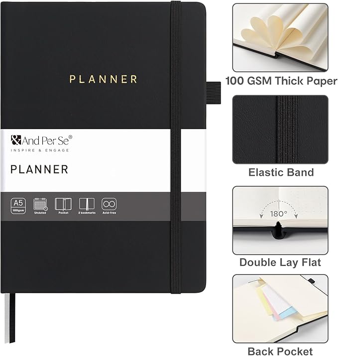 And Per Se Undated Weekly Planner 2026, A5 size Leather Hardcover Planner with Goals & Habit Tracker – ADHD Planner & Productivity Journal (Black)