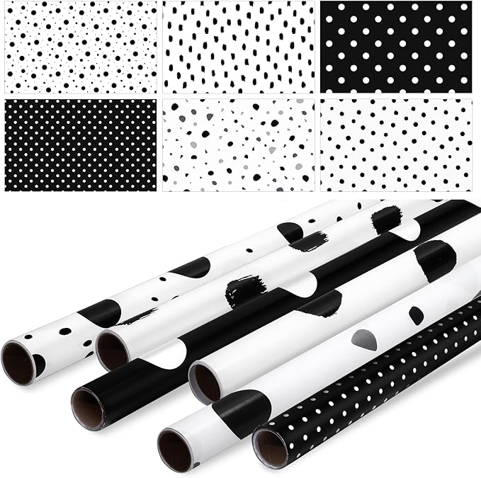 Skyygemm 6 Rolls Classroom Bulletin Board Paper Roll Polka Dot 4 x 12 ft Fade Resistant Colored Background Paper Bulk for Art Decor Drawing Craft(Black White)