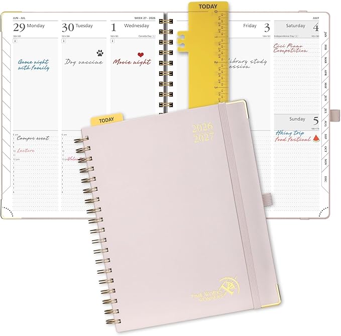 POPRUN 2026-2027 Academic Year Weekly and Monthly Planner Calendar,Jul 2026 - Jun 2027，10" x 8"， Daily Agenda Book & Appointment Book with Hourly Schedule, Tabs, Hardcover, School and Office Supplies - Light Pink