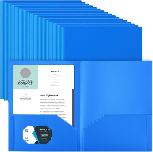 Gueevin 100 Pack Plastic Folder with Pockets, 2 Pocket Folders, Plastic Glossy Folders Fit Letter Size Paper, Heavy Duty Durable File Folder with Business Card for Home Office School (Blue)