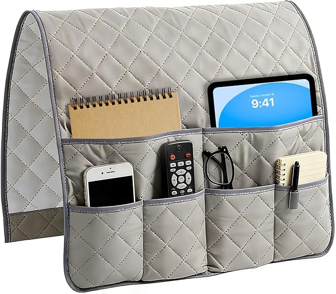 Sofa Armrest Organizer with 6 Pockets, Remote Control Holder for Recliner, Non-Slip Couch Chair Armrest Caddy Bedside Storage for Magazine Book TV Phone iPad Tablet, Grey
