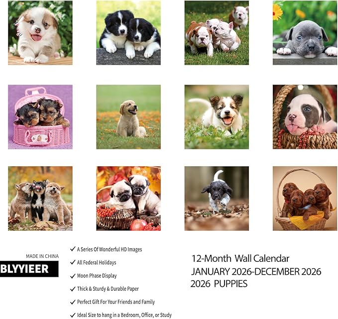 2026 Wall Calendar,Calendar 2026,Puppy Monthly Wall Calendar, 12" x 24" Open,Family Planner Calendar Organizer with Cute Puppy Images, for Puppies Dogs Lovers