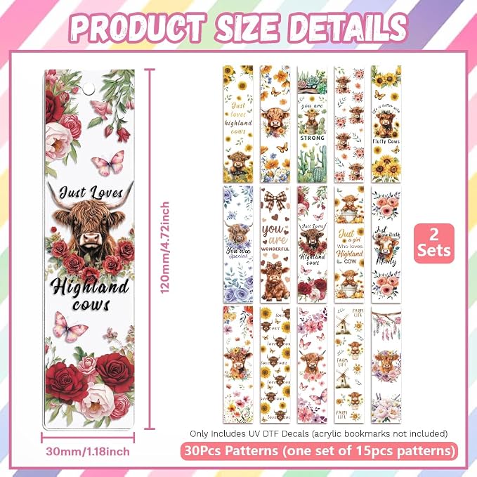 Peacoblue 30pcs UV DTF Bookmarks Transfer Stickers Wraps Highland Cow and Sunflowers for Women Men Reading, Waterproof Bookmarkers Decal(No Blank Bookmarks) for Acrylic Plastic Metal Blank Bookmark