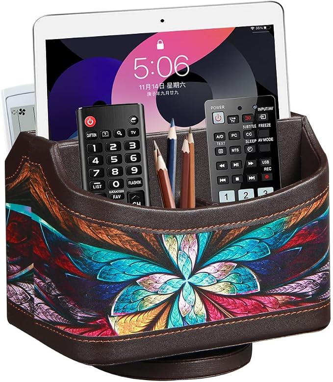 360° Rotating Remote Control Holder, PU Leather TV Remote Caddy Organizer Basket Storage Box with 5 Compartments for Pen, Pencil, Art Supplies, Makeup Brush, Office Desk Table Accessories