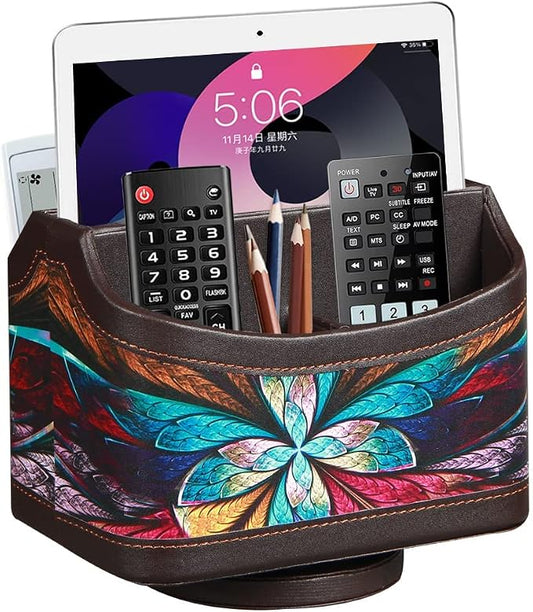 360° Rotating Remote Control Holder, PU Leather TV Remote Caddy Organizer Basket Storage Box with 5 Compartments for Pen, Pencil, Art Supplies, Makeup Brush, Office Desk Table Accessories