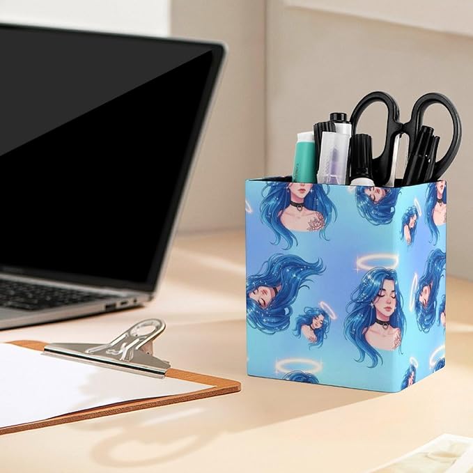Pen Holder Square Leather Pencil, Holder Cup Makeup Brush Storage Organizer, Waterproof Multifunctional Office Supplies Women Goddess Blue Hair Cosmic Aura