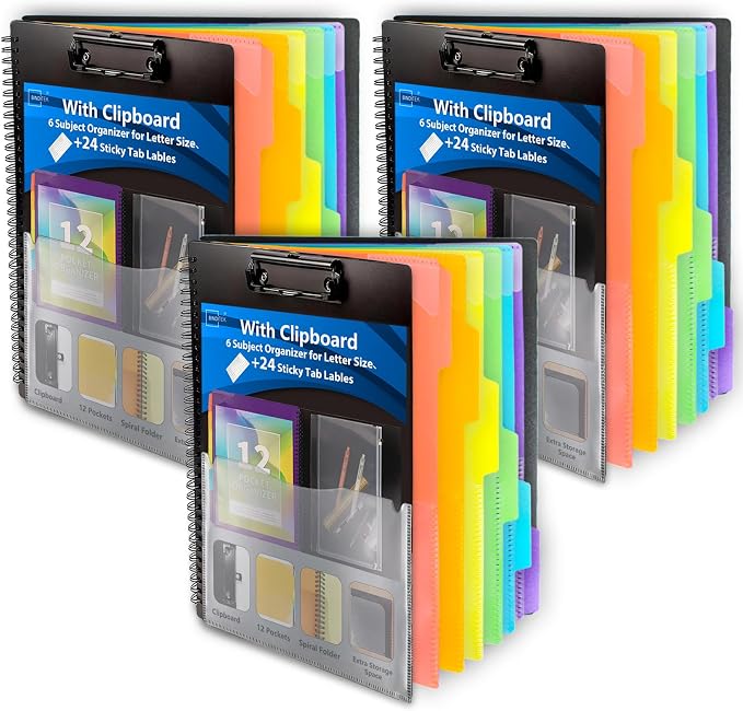 Binditek 3 Pack Plastic Clipboard Folio Folders, 6-Color Dividers with 1/6-Cut Tabs, 12-Pocket Project Organizer, Inner Zipper Pouch, Hardcover Storage Clipboard, Letter-Size, with Sticky Tab Lables