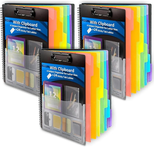Binditek 3 Pack Plastic Clipboard Folio Folders, 6-Color Dividers with 1/6-Cut Tabs, 12-Pocket Project Organizer, Inner Zipper Pouch, Hardcover Storage Clipboard, Letter-Size, with Sticky Tab Lables