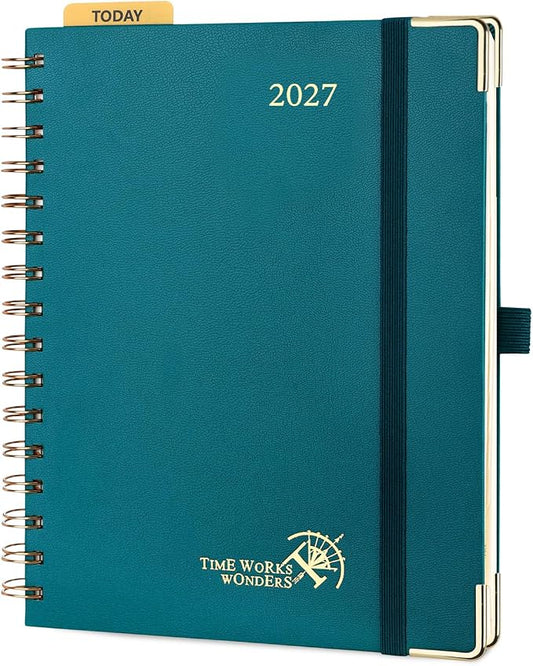 POPRUN 2027 Planner Daily Weekly and Monthly Calendar with Hourly Schedule(Medium Size 8.5'' x 6.25'' Wire-Bound Hard Cover) - Agenda 2026 (Jan.2027-Dec.2027), Monthly Tabs - Pacific Green