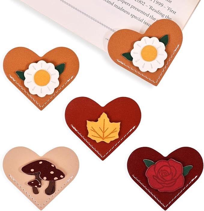 VYRANA 4Pcs Leather Heart Bookmarks - Cute Corner Book Marks Sets for Reading, Vintage Read Lover Gifts for Women Men Teens Kids Reader, Stylish Book Markers for Reading, Ideal Gifts for Planner