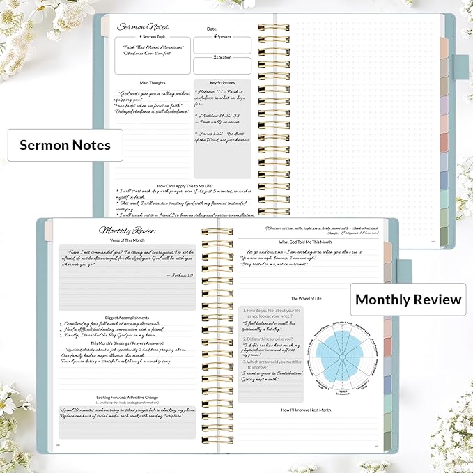 SUNEE Christian Planner - Undated 12 Month Bible Journal and Prayer Planner A5 Spiral Bound, Monthly & Weekly Christian Organizer Gifts for Women Men (Grey Blue)