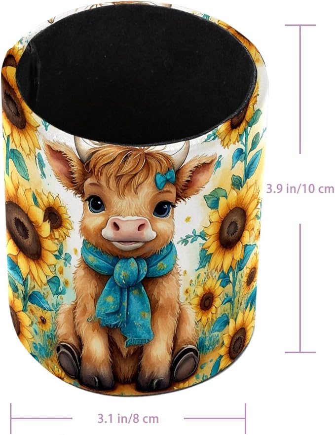 Leather Pen Holder for Desk, Highland Cow Sunflower Makeup Brushes Holder Pencil Cup Multifunctional Desktop Organizer Caddy for Home School Office Desk Accessories
