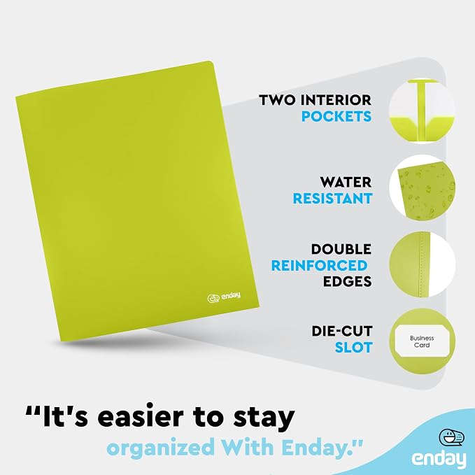 Folders with 2 Pockets Green, Colored Plastic File School Folder Letter Size, Heavy Duty Poly Portfolio Folder with Two-Pockets, Also Available in Purple, Blue, Red, Pink, and Grey, 1 Pc - By Enday