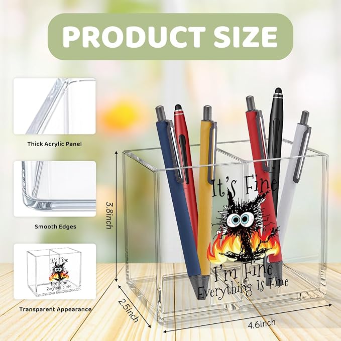 It's Fine I'm Fine Acrylic Cosmetic Pencil Pen Holder Funny Black Cat Pen Holder Cup Sarcastic Gifts for Cat Lover Women Men Colleague Boss Decor for Home Office Desk Accessories