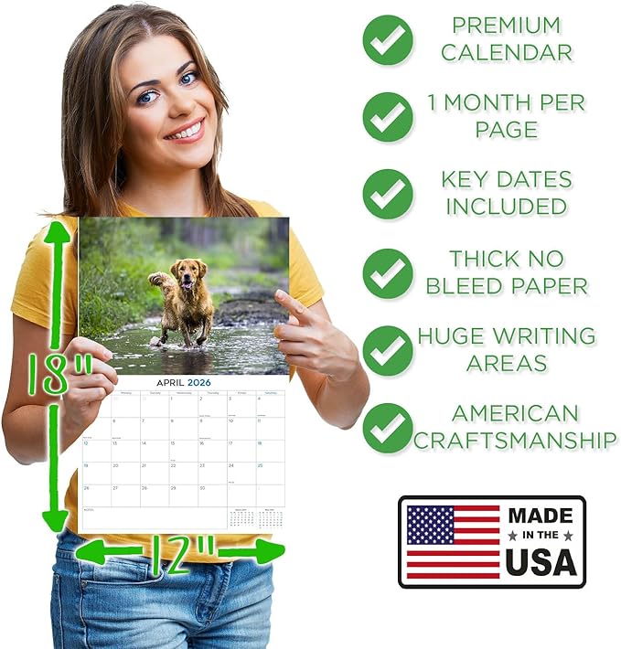 2025 2026 Golden Retriever Calendar - Dog Breed Monthly Wall Calendar - 12" x 18" Open - Thick No-Bleed Paper - Giftable - Academic Teacher's Planner Calendar Organizing & Planning - Made in USA