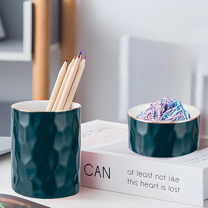 Aesthetic Desk Organizer Set of 2 For Your Office - Sturdy Concrete Desktop Accessories For Women or Men Enhance Any Office Decor - Set incl. Ceramic Pen Holder and Paper Clip Holder(green)