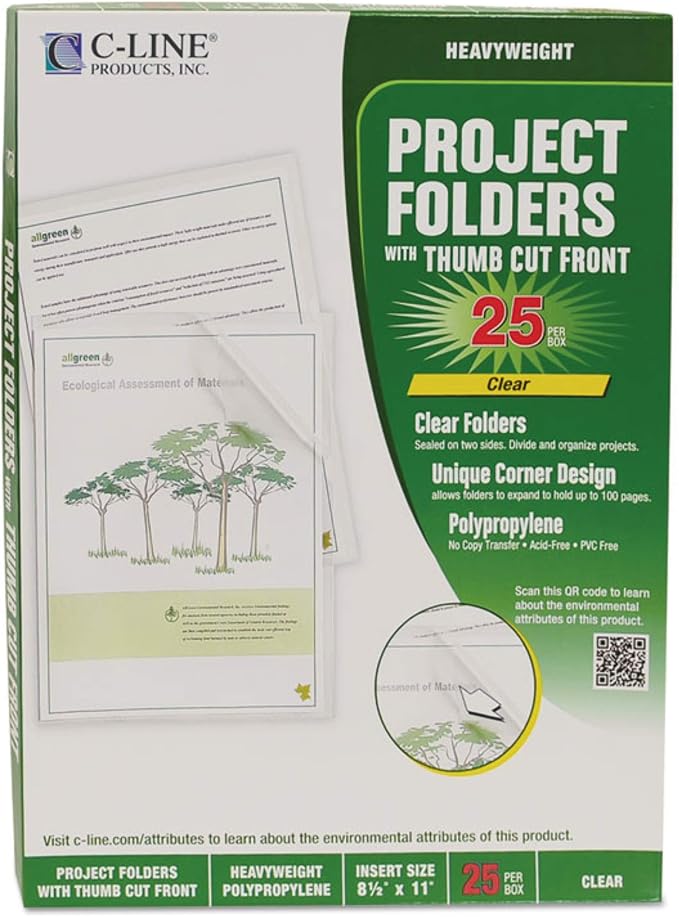 C-Line Project Folders, Clear Finish, 8-1/2 x 11 Inches, 35 per Box (62627)