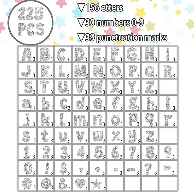 225Pcs Glitter Bulletin Board 4inch Letters with Adhesive Dots Punctuation Symbols Cutout for Classroom Numbers Alphabet School Display Decorating Supplies (Silver)