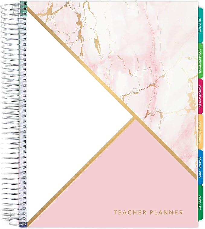 Elan Publishing Company DELUXE Undated Teacher Planner: 8.5x11 Includes 7 Periods, Page Tabs, Bookmark, Planning Stickers, Pocket Folder Daily Weekly Monthly Planner Yearly Agenda (Pink Marble)