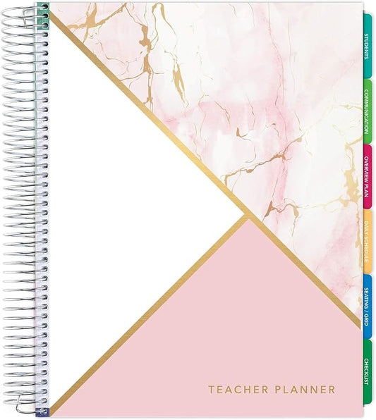 Elan Publishing Company DELUXE Undated Teacher Planner: 8.5x11 Includes 7 Periods, Page Tabs, Bookmark, Planning Stickers, Pocket Folder Daily Weekly Monthly Planner Yearly Agenda (Pink Marble)