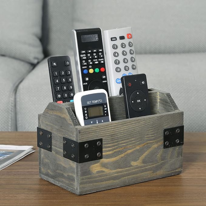 MyGift Vintage Gray Wood TV Remote Control Organizer Holder Storage Caddy for Table with 2 Compartments and Decorative Black Metal Wrap Accents