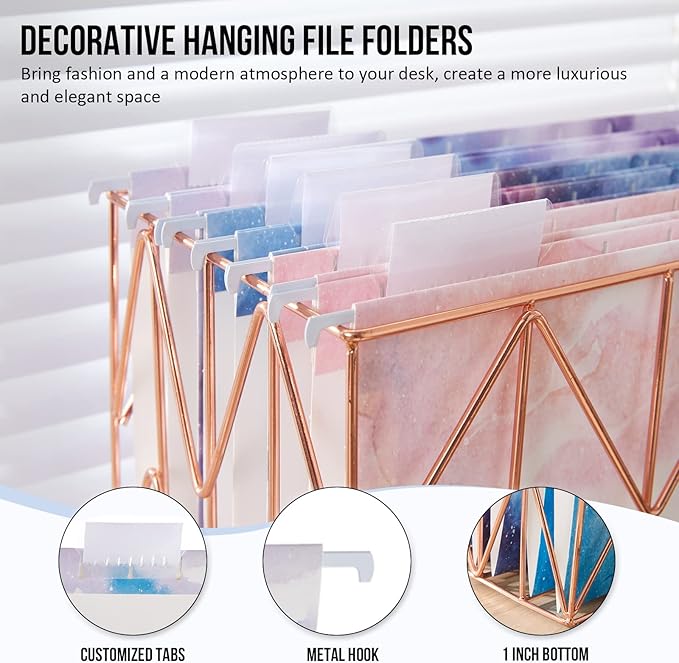 Y YOMA 18 Pack Decorative Hanging File Folders Letter Size Marble Cute Hanging Folder Pretty File Folder Organizer for Filing Cabinet Office Home with 1/5-Cut Adjustable Tabs, 3 Pink Nebula Design