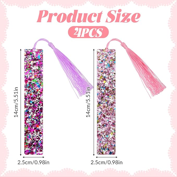 4Pcs Glitter Bookmarks for Girls, Acrylic Bookmark with Colorful Tassels for Women Girls Book Lovers Birthday Gifts Reading Presents (Purple+Pink)