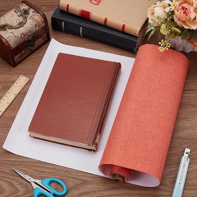 CRASPIRE 51x11.8 Inch Red-Orange Book Cloth Paper Backed for Book Cover Binding Weave Linen Fabric Surface Protector Book Binding Cloth for Adult Scrapbooking Album DIY Crafts