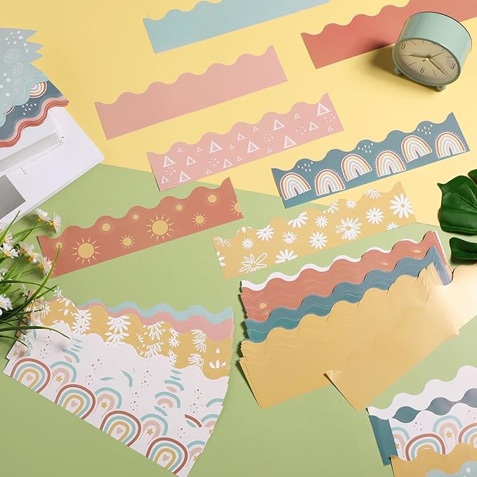 240 Pcs 236ft Holiday Bulletin Board Borders Colorful Rainbow Scalloped Border Trim Bulk Bulletin Decor for Classroom Back to School Decor(Brown Yellow Style)