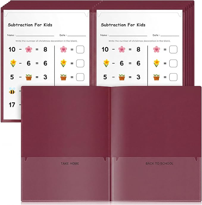 Henoyso 24 Pcs Take Home Folder Heavy Duty 2 Clear Front Pockets and 2 Inside Pockets Homework Folders for School Students Parent Teacher Classroom Communication (Burgundy)
