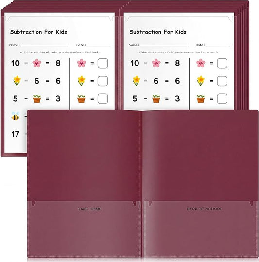 Henoyso 24 Pcs Take Home Folder Heavy Duty 2 Clear Front Pockets and 2 Inside Pockets Homework Folders for School Students Parent Teacher Classroom Communication (Burgundy)