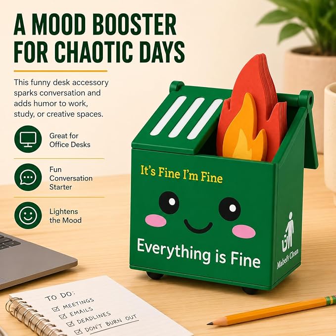 Desk Dumpster Fire Pen Holder – Everything’s Fine Funny Office Desk Decor, Mini Trash Can Pencil Holder Organizer with Flame Note Cards, Stress Relief White Elephant Gag Gift for Coworker