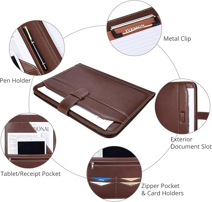 IVESIGN Leather Portfolio Notebook with Folder, Storage Clipboard with Cover for Legal Pad Holder Letter Size A4 Writing Pad for Business School Office Resume Conference Notepad Clip Boards (Brown)