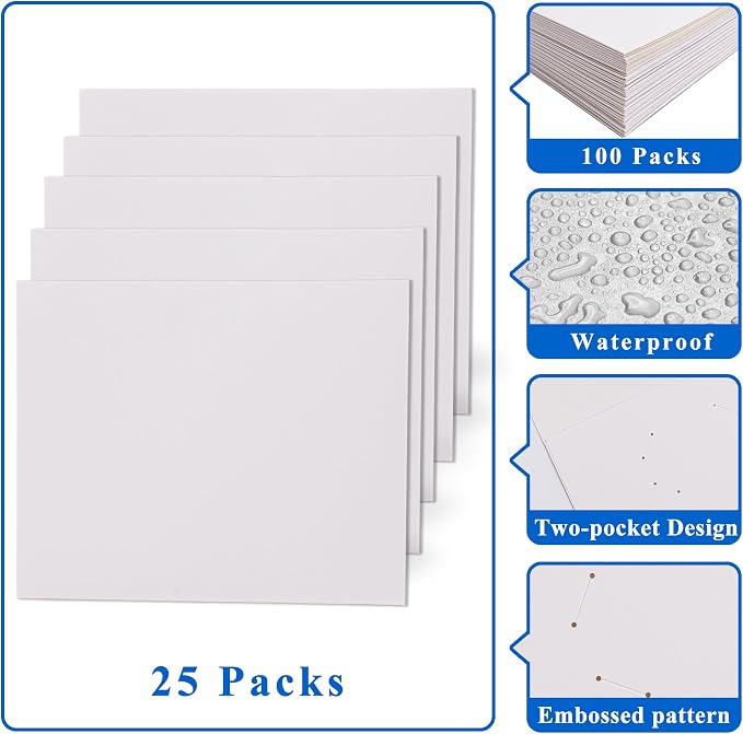 Zzrywuty 25 Packs White Two Pocket File Folders with Business Card Slot,Textured Paper,Letter Size,Holds 100 Sheets for School,Office,Business