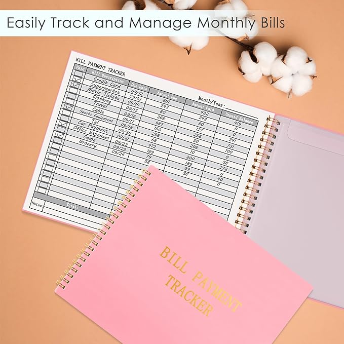 HAUTOCO Bill Tracker Notebook Monthly Bill Payment Tracker for Personal Budgeting Home Financial with 2 Storage Pocket, Payments Checklist Organizer Bill Planner 10.1 x 7.8'', Pink