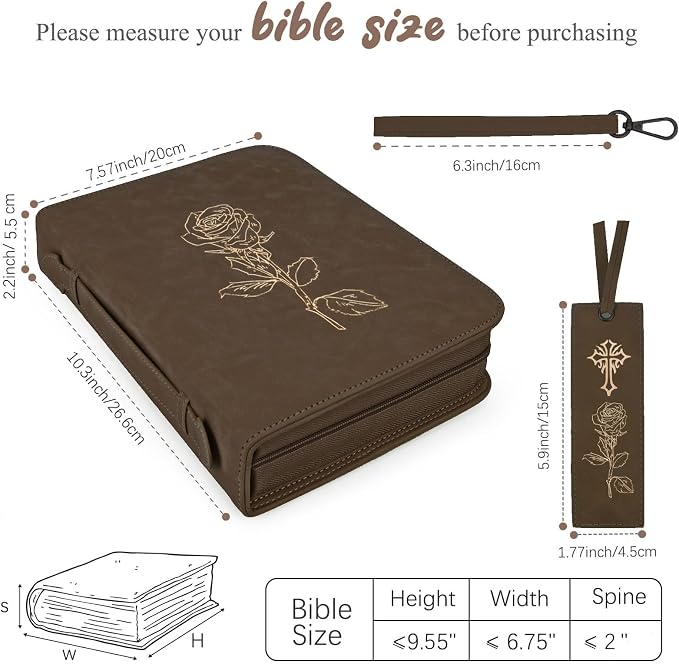 Bible Covers for Women & Men, Leather Bible Case with Rose Bookmark, Bible Supplies Carrying Bag Tote with Strap, Personalized Gift for Study, Journaling, Church-Dark Brown