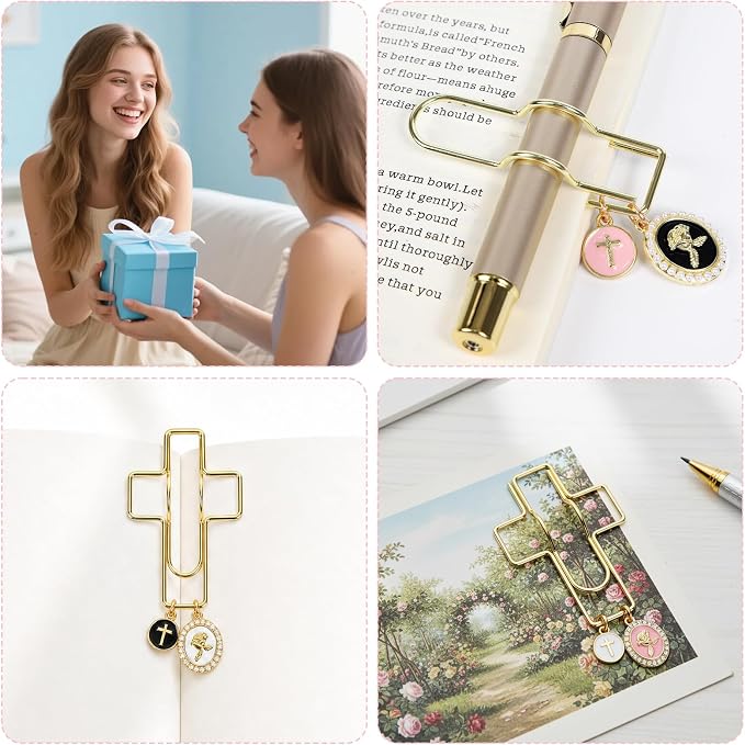 Wxiben Cross Paper Clip Bookmark - 3 Pcs Rose Metal Paperclip Pen Holder Book Mark with Charms Page Marker Planner Decorative Paper Clips Gifts for Women Reading Book Lover School Accessories