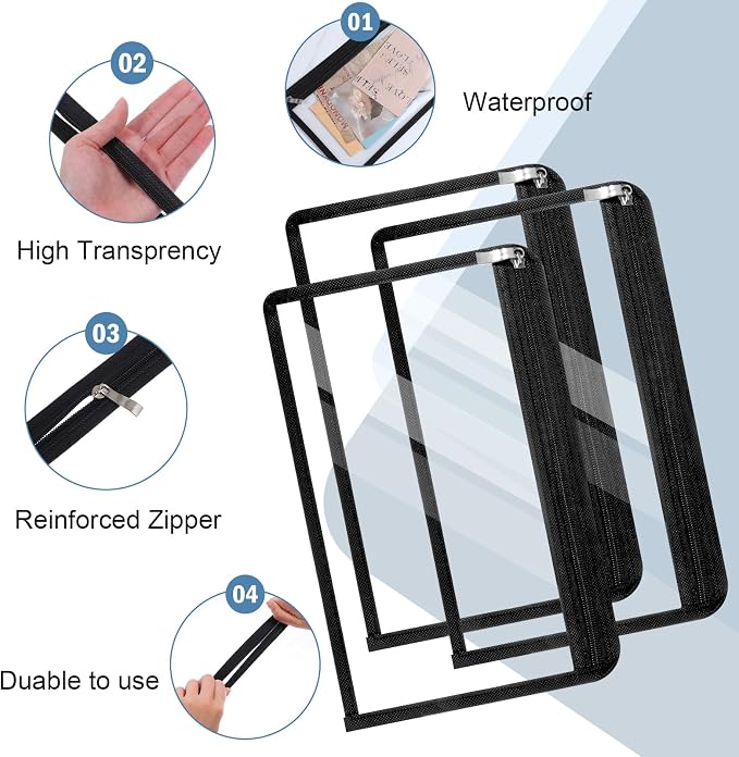 16 Pieces Clear Zipper Pouches Pencil Pouches PVC Makeup Pouch Envelopes Folder Storage Multi Purpose Pouch Document File Organization Bags, Office Supplies (Black Edging, 11.5 x 7.5 Inches)