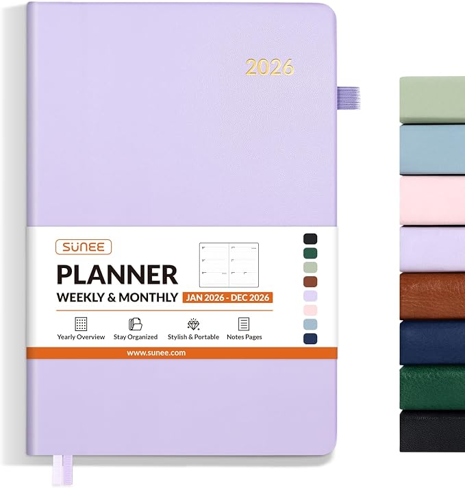 SUNEE 2026 Weekly & Monthly Hardcover Planner 5.5" x 8.3" - 12 Month (January 2026 - December 2026), Small Hardcover Planner, Pocket, Notes, 100 GSM Paper, Purple