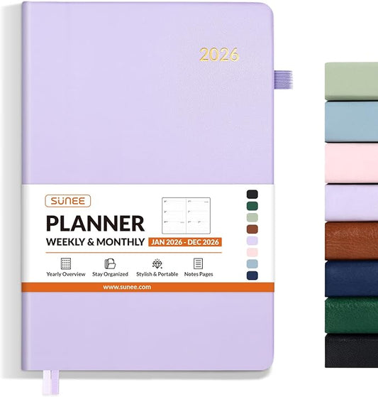 SUNEE 2026 Weekly & Monthly Hardcover Planner 5.5" x 8.3" - 12 Month (January 2026 - December 2026), Small Hardcover Planner, Pocket, Notes, 100 GSM Paper, Purple